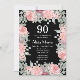 Convite Rosas Rosa Cinzentas Chic Flora 90 Negro Aniversár