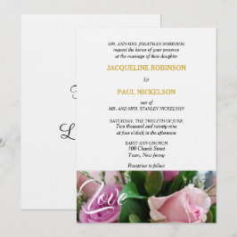 Convite Rosas Rosa Claras Elegantes Amor Dourado Branco