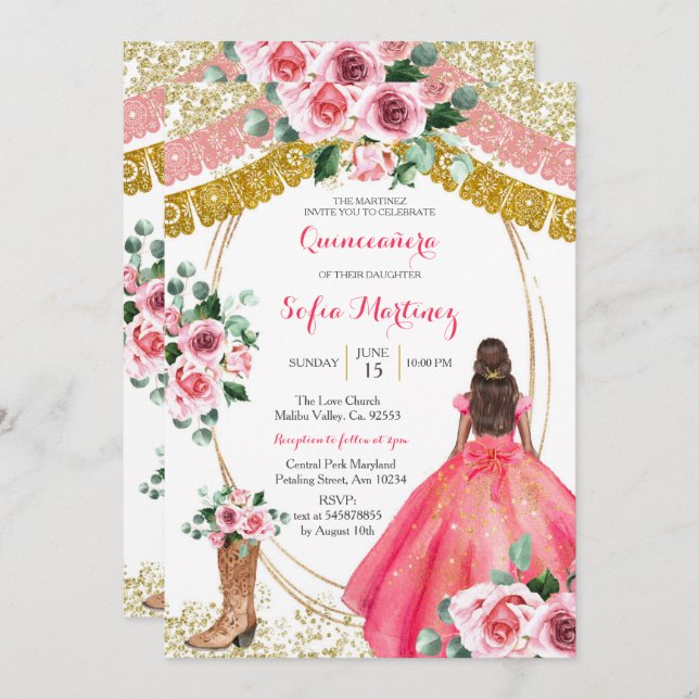 Convite Rosas Rosa Convidam - Rapariga Branca Mexicana 15  (Frente/Verso)