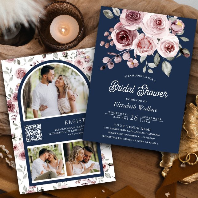 Convite Rosas Rosa Desbotado Código QR de Foto Bridal Show (Criador carregado)