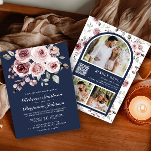 Convite Rosas Rosa Desbotado Foto Código QR Azul Marinho C