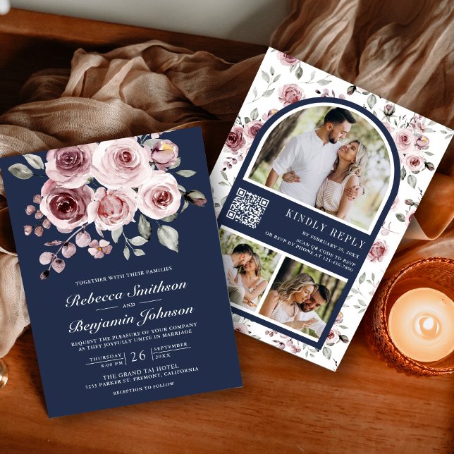 Convite Rosas Rosa Desbotado Foto Código QR Azul Marinho C (Criador carregado)