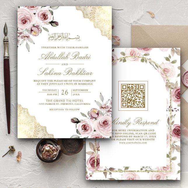 Convite Rosas Rosa Desbotado Renda Dourada Código QR Casam (Criador carregado)