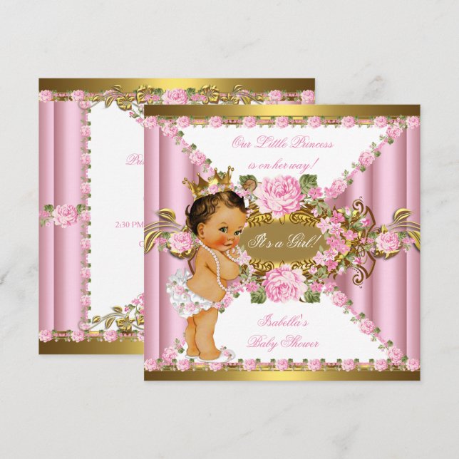 Convite Rosas rosa Douradas brancas Chá de fraldas princes (Frente/Verso)