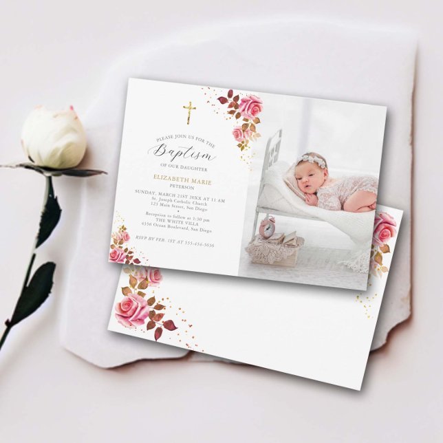 Convite Rosas Rosa Douradas Cruz Bebê Bebê Bebê Foto Bapti (baby girl baptism invitation christening pink gold roses floral frame cross elegant modern classic)