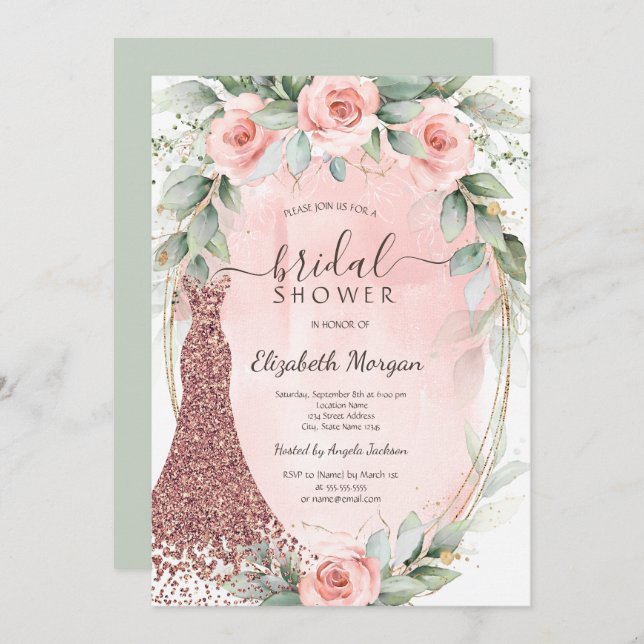 Convite Rosas rosa Douradas Frame Glitter Chá de panela de (Frente/Verso)