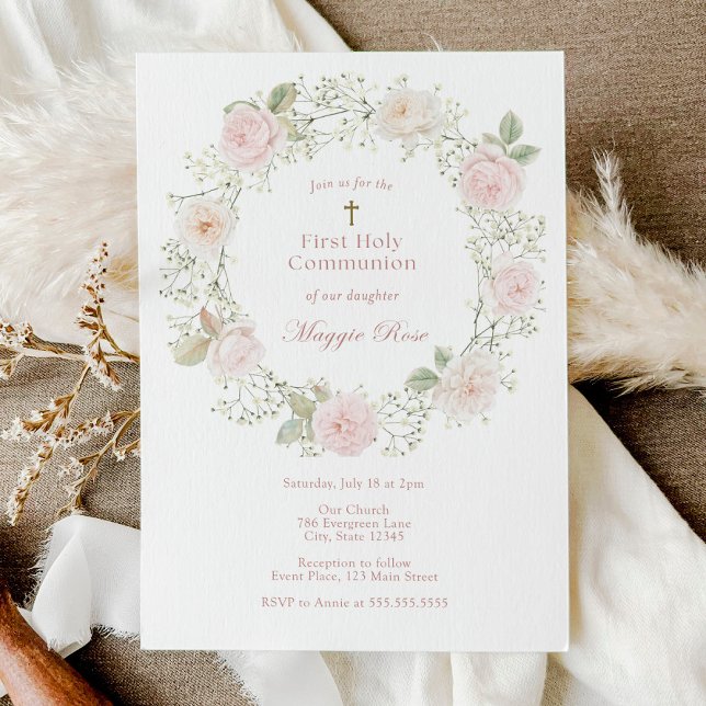 Convite Rosas rosa e bébé Primeira Comunhão Sagrada (Criador carregado)