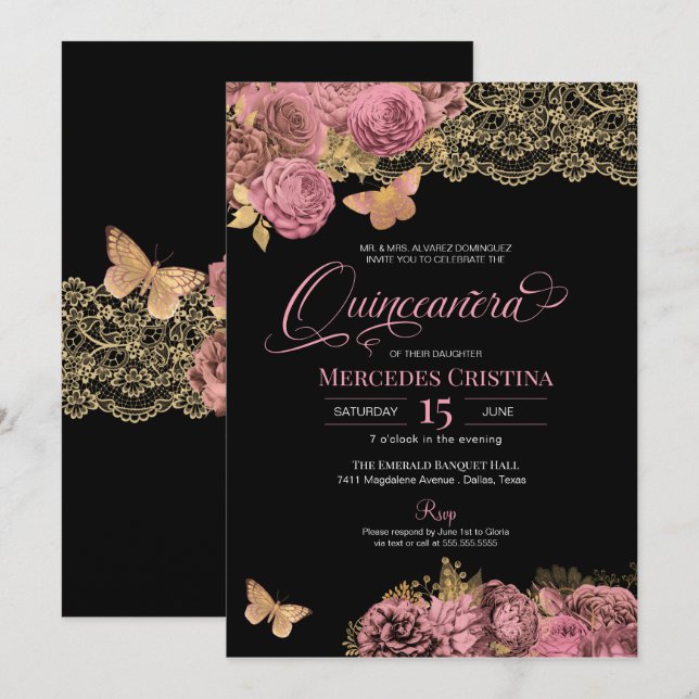 Convite Rosas Rosa e Borboleta Glamorosa Quinceañera (Frente/Verso)