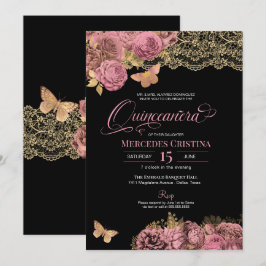 Convite Rosas Rosa e Borboleta Glamorosa Quinceañera