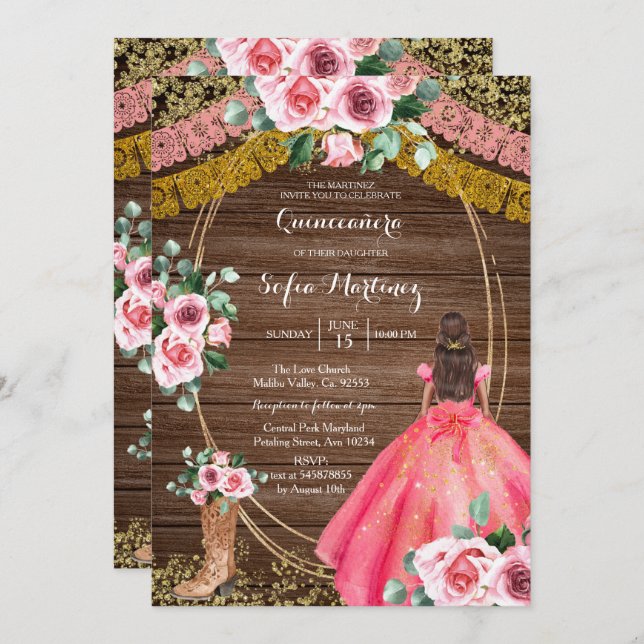 Convite Rosas Rosa e Botas Charra Quinceanera 2 (Frente/Verso)
