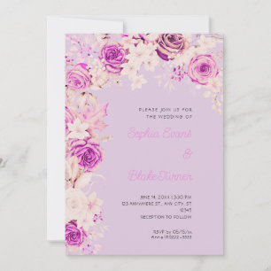 Convite Rosas Rosa e Brancas Românticas Casamento Roxo Cla
