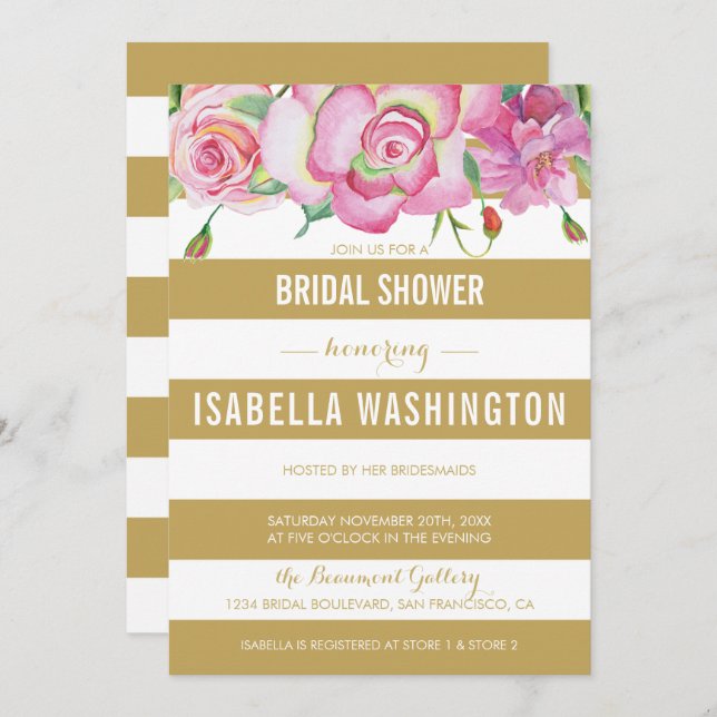 Convite Rosas rosa e Chá de panela Dourado de  faixas bran (Frente/Verso)