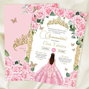 Convite Rosas rosa e Dourada Borboleta Quinceanera