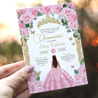 Convite Rosas rosa e Dourada Butterfly Princesa Quinceaner