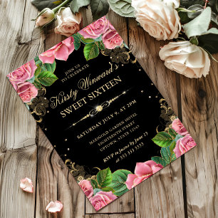 Convite Rosas Rosa e Douradas Floral Sweet Sixteen