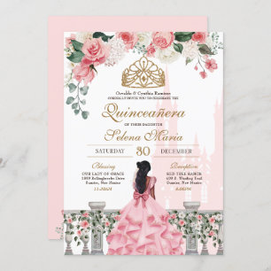 Convite Rosas rosa e princesa Dourada Fairytala Quinceaner