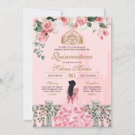 Convite Rosas rosa e princesa Dourada Fairytale Quinceañer