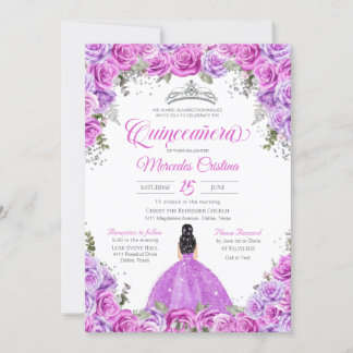Convite Rosas rosa e púrpura e Prata Tiara Quinceanera I