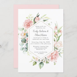 Convite Rosas rosa e quadro geométrico Dourado de Eucalypt