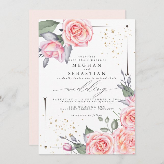 Convite Rosas Rosa Elegante Elegante De Casamento Clássico (Frente/Verso)