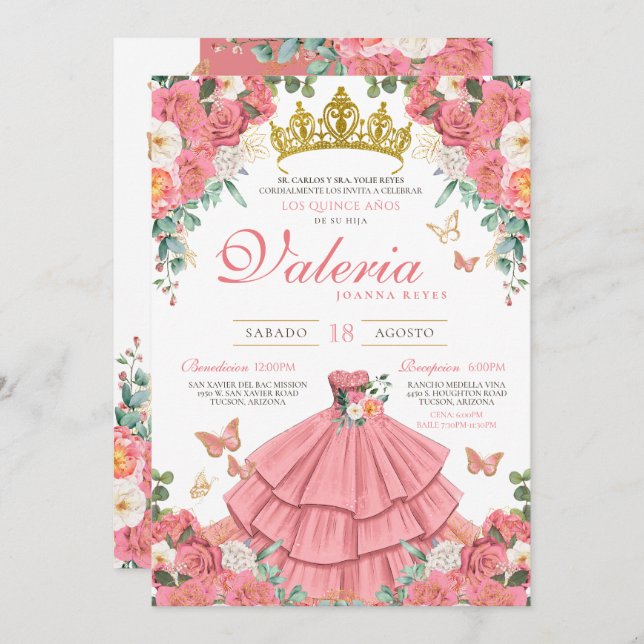 Convite Rosas rosa Elegante Princesa Borboleta Quinceanera (Frente/Verso)