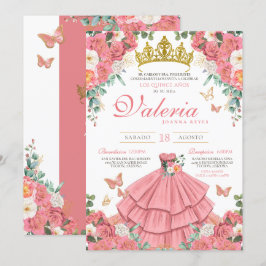 Convite Rosas rosa Elegante Princesa Borboleta Quinceanera