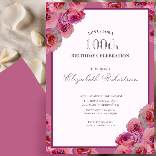 Convite Rosas Rosa Elegantes Aniversário de 100 anos das M