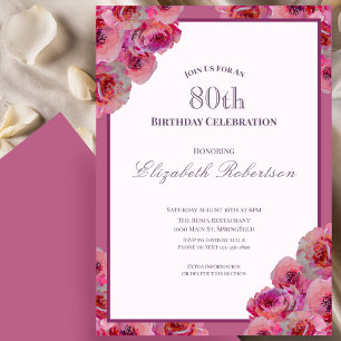 Convite Rosas Rosa Elegantes Aniversário de 80 anos para M
