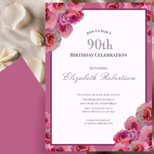 Convite Rosas Rosa Elegantes Aniversário de 90 anos para M