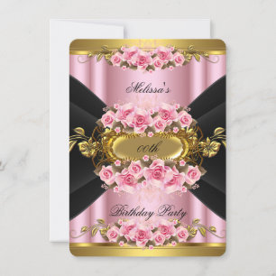 Convite Rosas Rosa Elegantes Dourado Preto Festa de Aniver