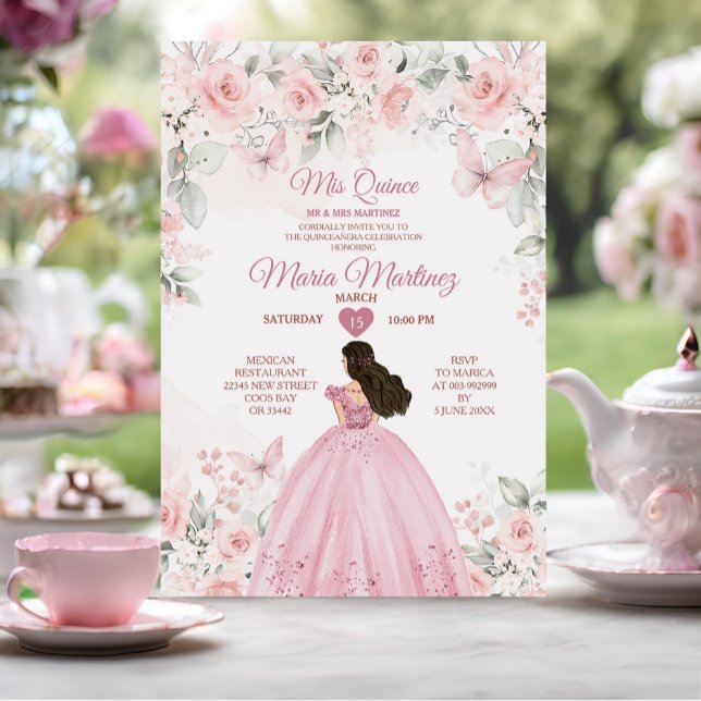 Convite Rosas Rosa Elegantes Floral 16º Quiñceanera Mexica (Criador carregado)
