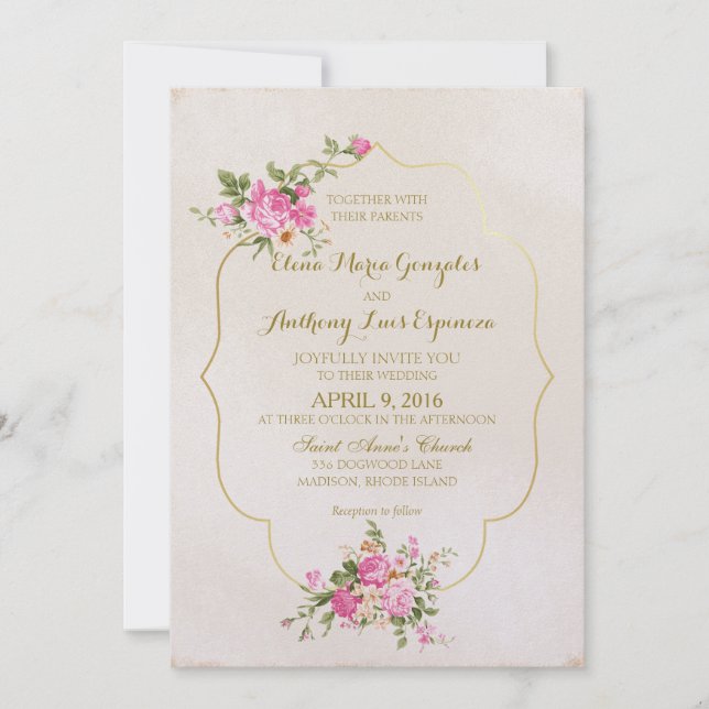 Convite Rosas Rosa Elegantes na Costa do Marfim com quadro (Frente)