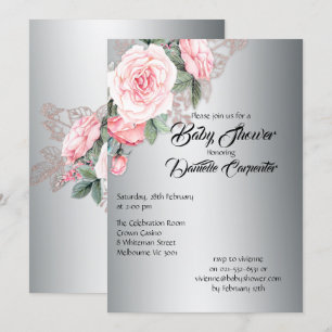Convite Rosas Rosa Elegantes no Chá de fraldas de Prata