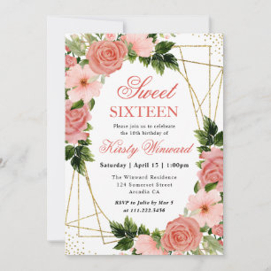 Convite Rosas Rosa em Aquarela Quadro Dourado Sweet 16