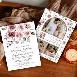 Convite Rosas Rosa Empoeiradas Código QR de Foto Casamento