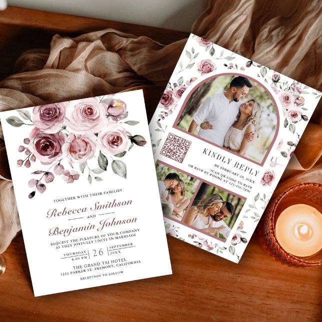 Convite Rosas Rosa Empoeiradas Código QR de Foto Casamento (Criador carregado)