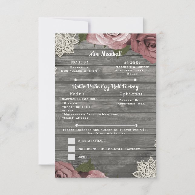 Convite Rosas Rosa Empoeirado Cinza Lace Menu Insert Madei (Frente)