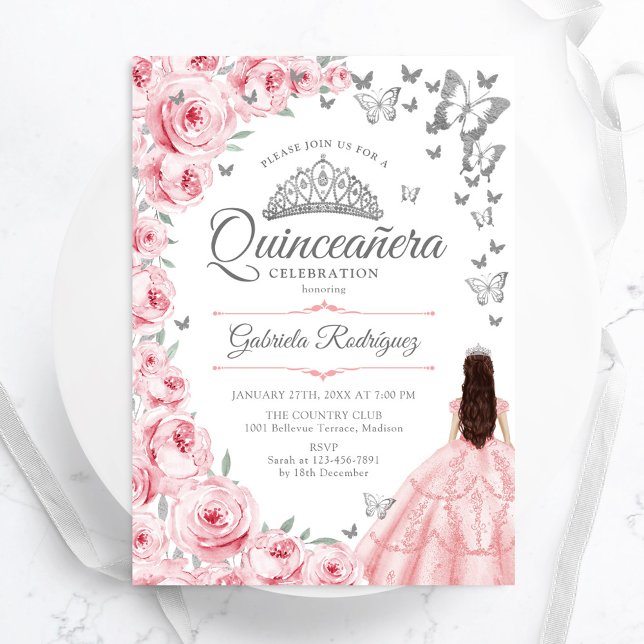 Convite Rosas Rosa Esbranquiçadas Borboletas Quinceanera F (Criador carregado)