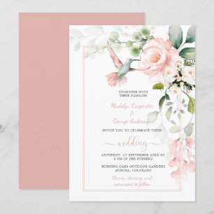 Convite Rosas Rosa Esbranquiçadas, Hummingbird e Sage Gre