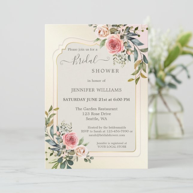 Convite Rosas Rosa Escamosas Chá de panela de Aquarela Con (Em pé/Frente)