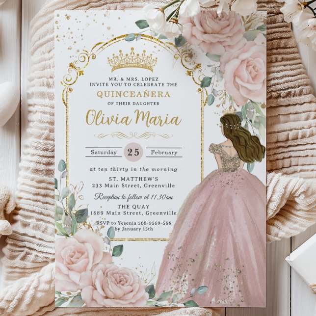 Convite Rosas Rosa Escamufladas Chic Princesa Floral Quinc (pastel-soft-blush-pink-floral-roses-gold-arch-princess-dress-sweet-16-birthday-xv-quinceanera-invite)