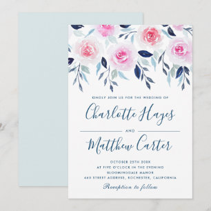 Convite Rosas Rosa Flóridas Azuis Folhas Naves Aquáticas C