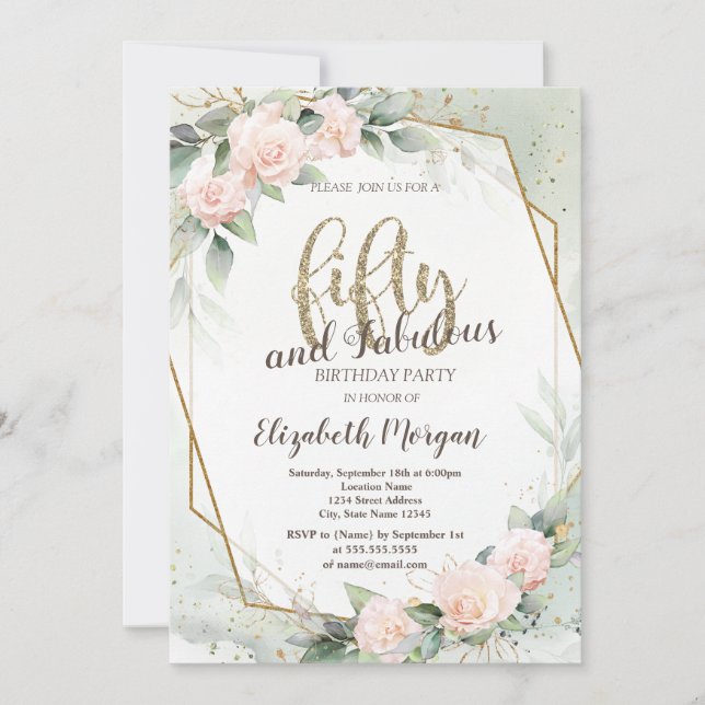 Convite Rosas rosa Frame Confetti Verde 50º Aniversário (Frente)