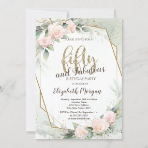 Convite Rosas rosa Frame Confetti Verde 50º Aniversário