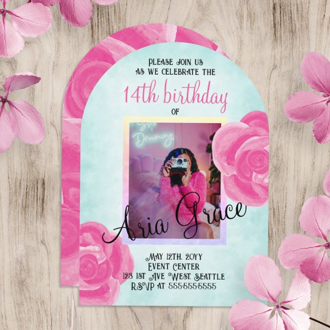Convite Rosas Rosa Grandes, Festa de aniversário Turquesa (turquoise and hot pink rose birthday party invitation for teen girl, young woman. Cute photo invite.)
