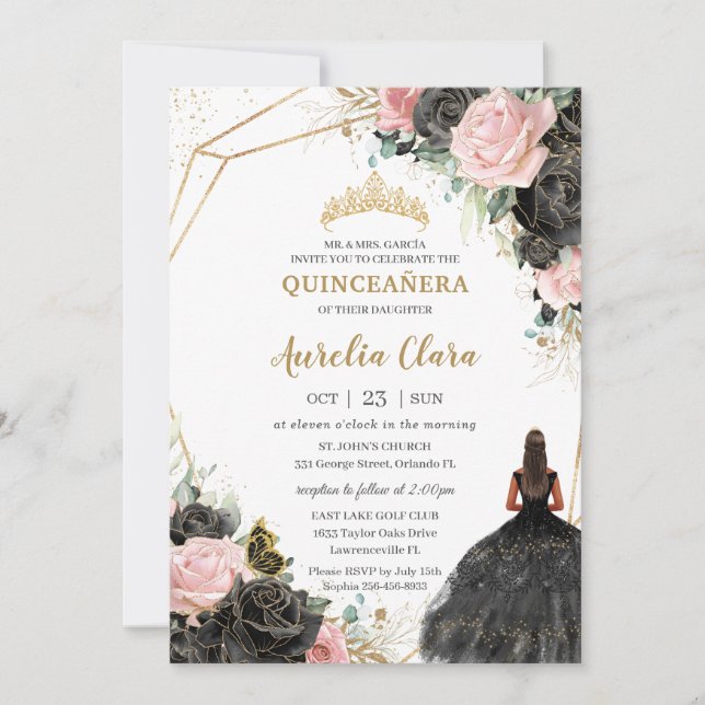 Convite Rosas Rosa Negra Quinceañera Floral Doce Dezesseis (Frente)