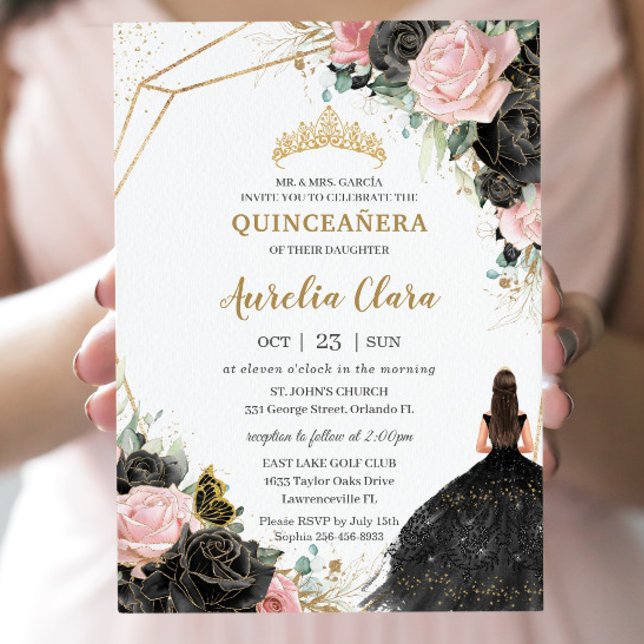 Convite Rosas Rosa Negra Quinceañera Floral Doce Dezesseis (Criador carregado)