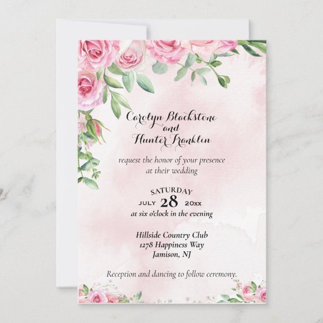 Convite Rosas rosa no casamento rosa e branco (Frente)