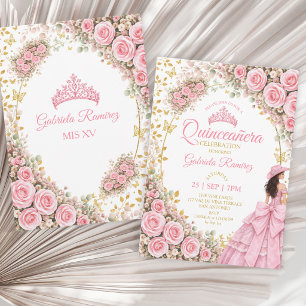 Convite Rosas Rosa Ocidental Borboleta Dourada Quinceañera
