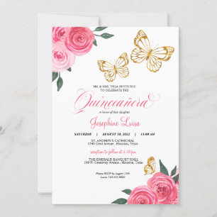 Convite Rosas rosa Ouro Borboleta Quinceañera Aniversári